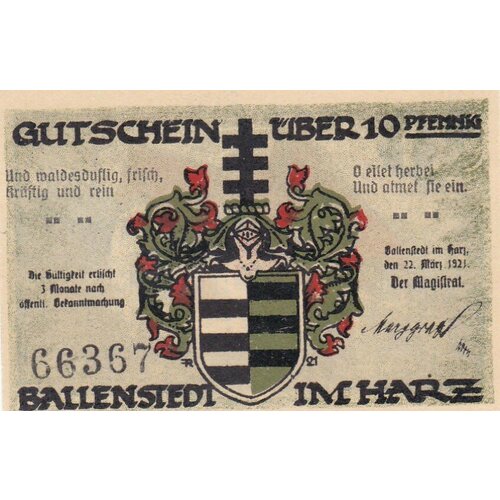 Германия (Веймарская Республика) Балленштедт 10 пфеннигов 22.03.1921 г. (№6)