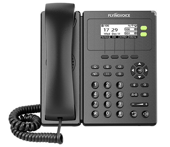 IP-телефон FLYINGVOICE P10W, 2 SIP аккаунта, монохромный дисплей 2,3 дюйма, 132 x 64 с подсветкой, конференция на 6 абонента, гарнитура (RJ9) и Wi-Fi