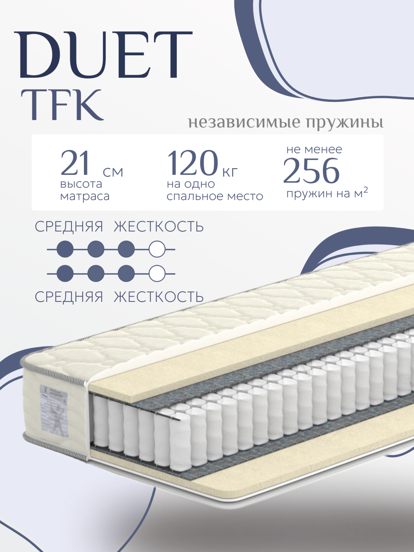 АККОРД Матрас Duet TFK 140х200 см анатомический с блоком независимых пружин, чехол белый.
