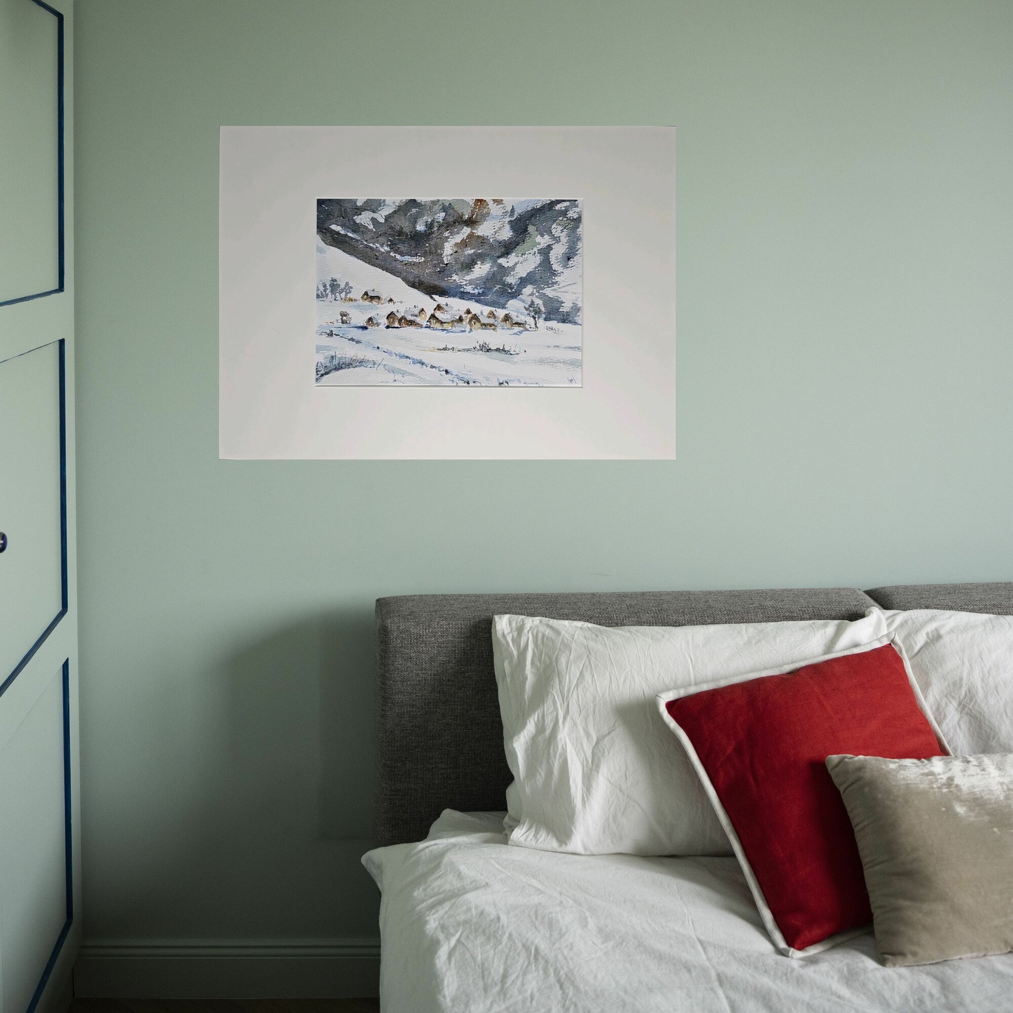 Картина авторская акварельная в паспарту 21х30 см на стену для интерьера "Деревенька"