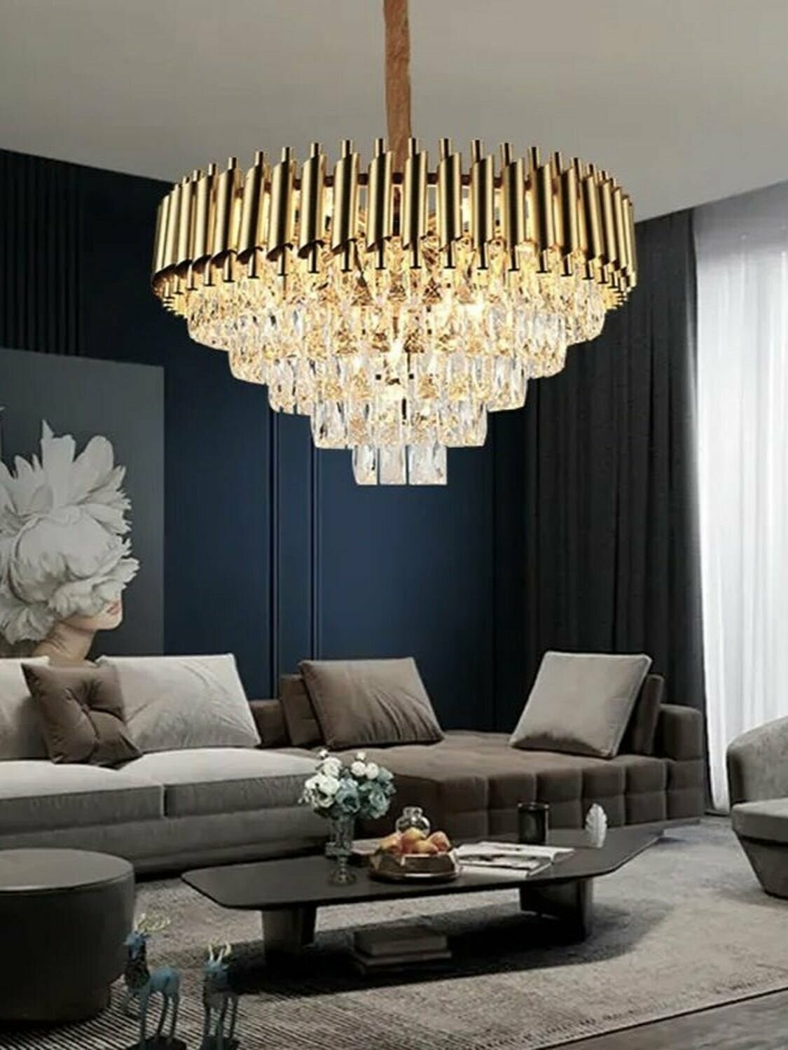 Люстра хрустальная подвесная, регулировка высоты, 11 шт. E14, золото.