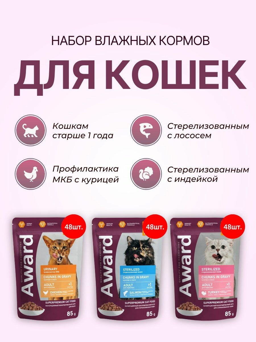 Набор влажного корма AWARD Urinary + Sterilized: 12240 г (144 упаковки по 85 г). Для взрослых стерилизованных кошек и для профилактики МКБ. 48 шт Курица + 48 шт Лосось + 48 шт Индейка. Авард