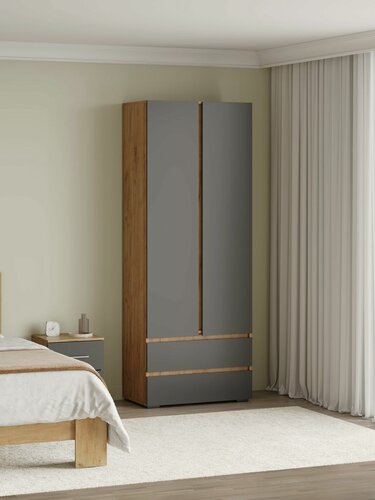 Изображение товара Распашной шкаф для одежды и хранения вещей Ирэн с ящиками, со штангой, с полками, 80х46х210 см, Дуб Крафт золотой / Графит серый