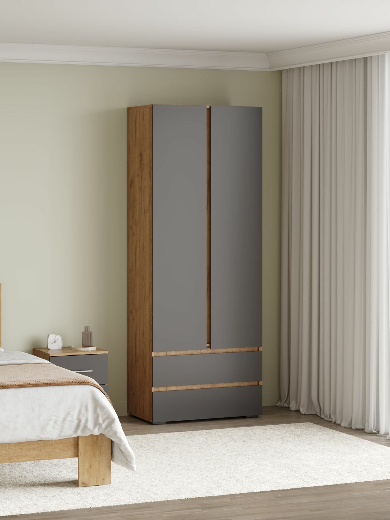 Распашной шкаф для одежды и хранения вещей Ирэн с ящиками, со штангой, с полками, 80х46х210 см, Дуб Крафт золотой / Графит серый