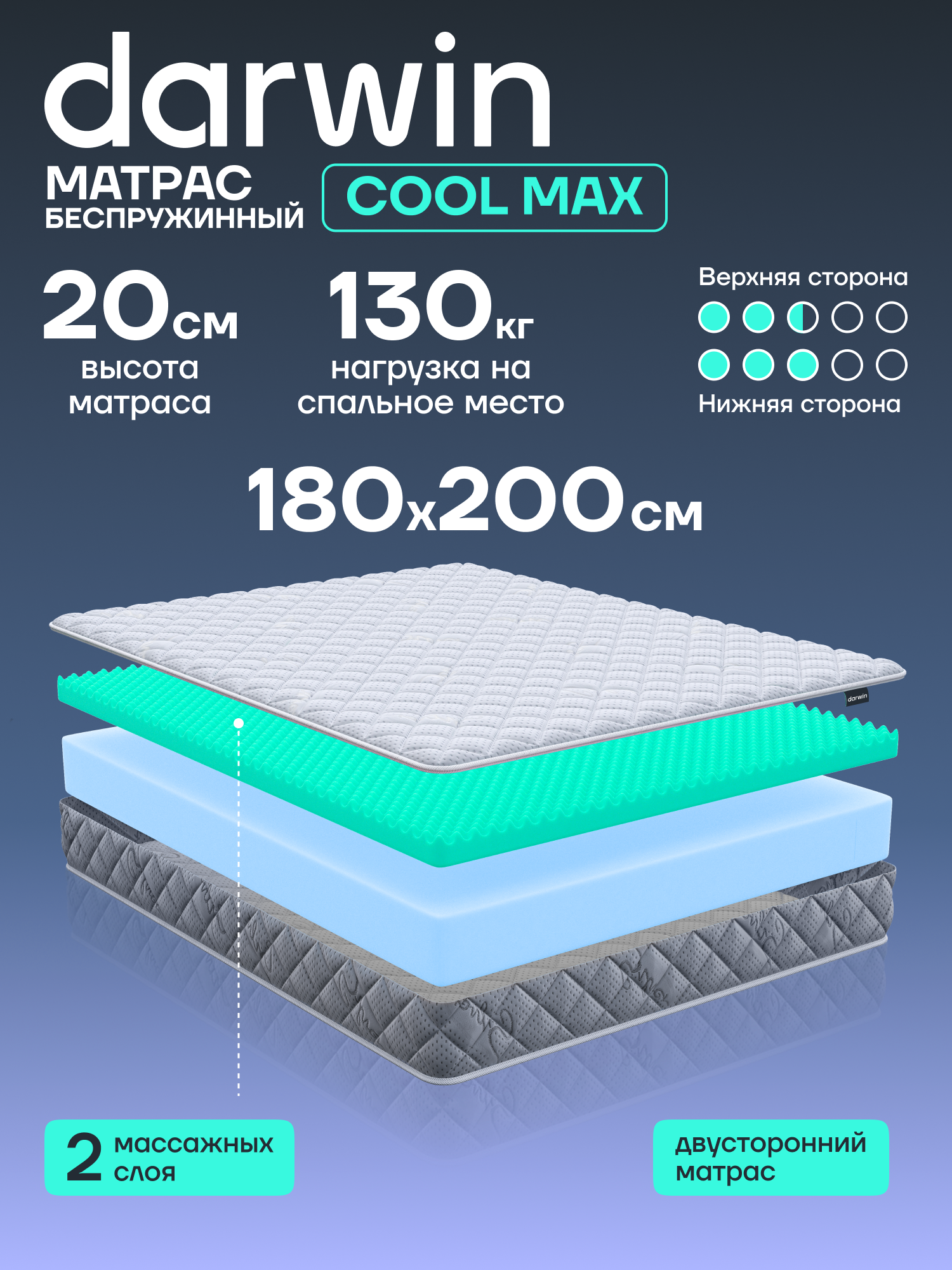 Матрас анатомический Darwin Cool max 180х200 см, беспружинный, двусторонний с разной жесткостью, высота 20 см