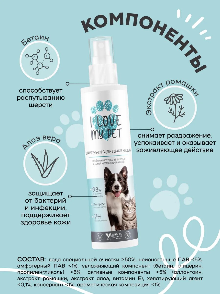 I LOVE MY PET Шампунь экспресс спрей для мытья собак и кошек без воды, не требует смывания, 250 мл — фото 1