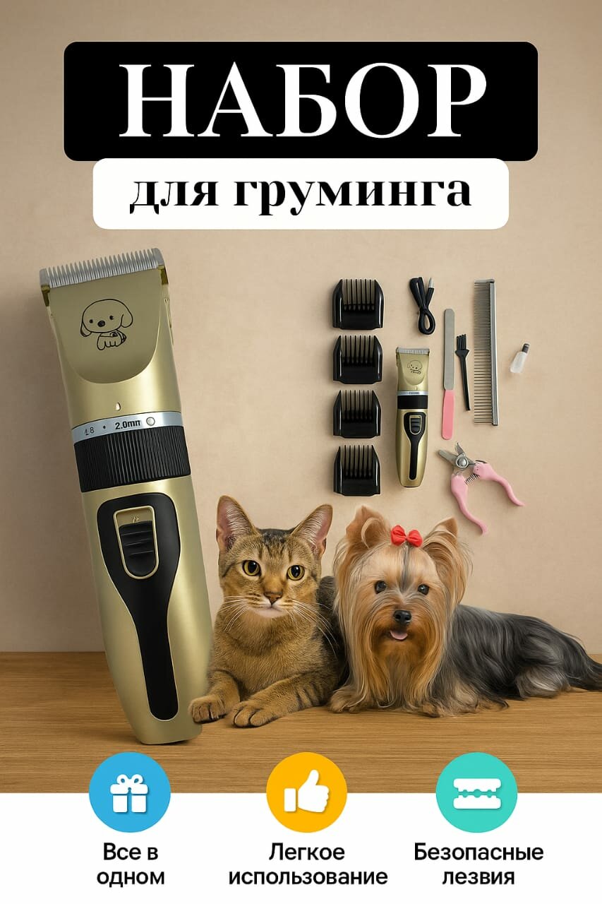 Машинка для стрижки Pet grooming для груминга аккумуляторная беспроводная 4 насадки
