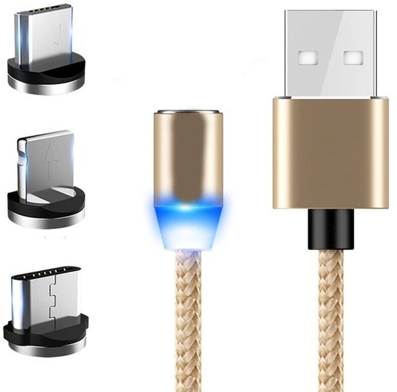 Кабель Магнитный зарядки 3-в-1 (microUSB + type-C + Lightning)для iPhone/Xiaomi/Samsung/1000 мм Золотой