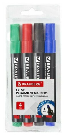 Маркеры перманентные BRAUBERG "Contract", набор 4 цвета, круглый наконечник 3 мм, 150474