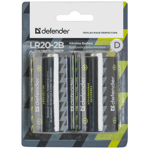 Батарейка Defender алкалиновая D LR20, в упаковке: 2 шт.