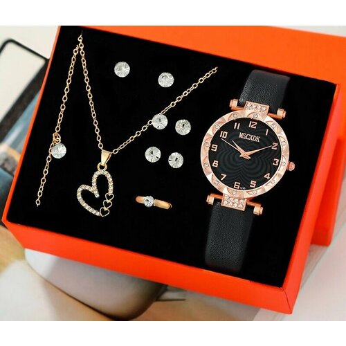 Изящные кварцевые часы с ювелирным набором в форме сердца- ожерелье, браслет, серьги, кольцо (А-10)