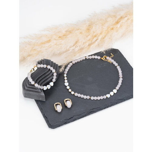 фото Комплект бижутерии: шнур, серьги, браслет, чокер, стекло, перламутр, кварц, жемчуг пресноводный, гематит, размер браслета 14 см, размер колье/цепочки 35 см, белый, золотой preciouskate