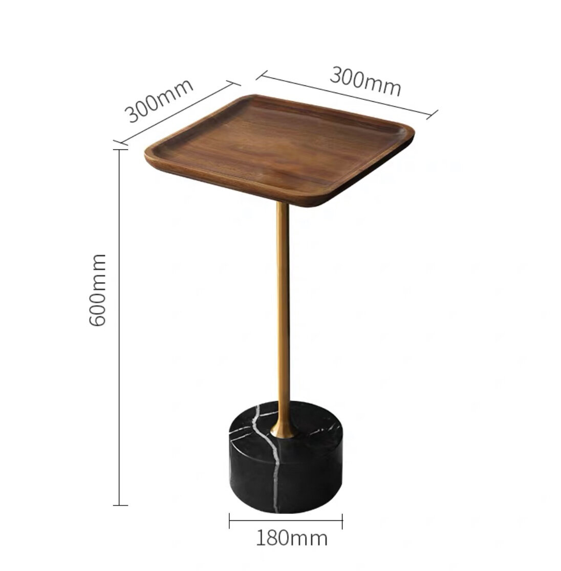 Стильный кофейный столик с деревянным блюдом на металлической ножке Черный мрамор (Квадратный 30*30*60 см)