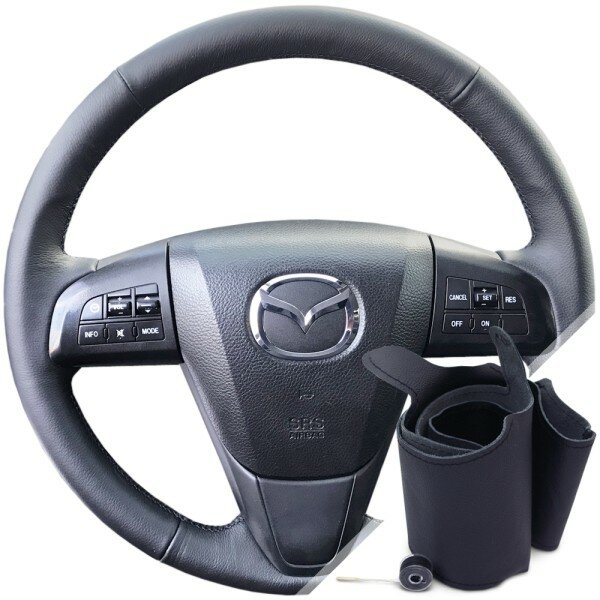 Оплетка на руль из натуральной кожи Mazda 3-II (BL) 2009-2013 г. в. (для замены штатной кожи, черная) #0146