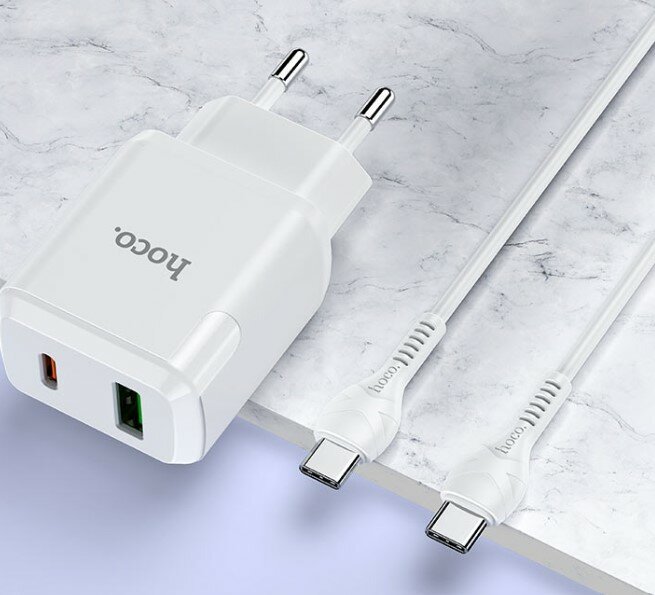 СЗУ, 1 USB 3.0 QC+1 PD 20W (C105A), HOCO, Type-C to Type-C, белый — фото 5