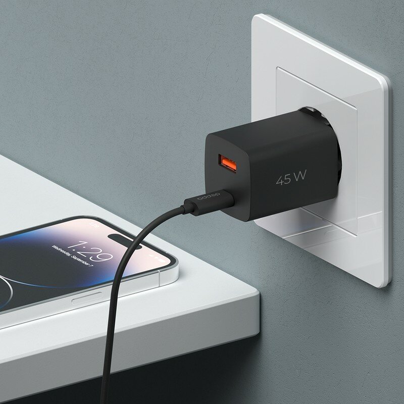 Сетевое зарядное устройство Wall Charger GaN USB A + USB-C, PD 3.0, QC 3.0, 45W, черный, Deppa, Deppa 11436 — фото 1