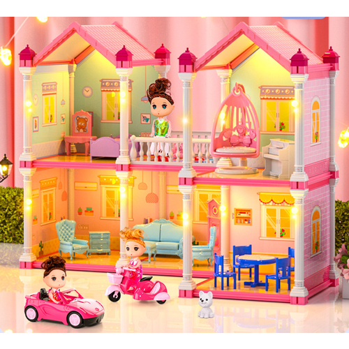 Кукольный дом с освещением мебелью куклами 2 этажа