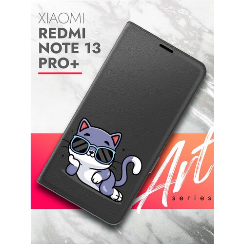 Чехол на Xiaomi Redmi Note 13 Pro+ (Ксиоми Редми Ноте 13 Про+) черный книжка экокожа подставка магнит Book case, Brozo (принт) Котик в очках чехол на xiaomi redmi note 13 pro ксиоми редми ноте 13 про черный книжка экокожа подставка магнит book case brozo принт панда сердце