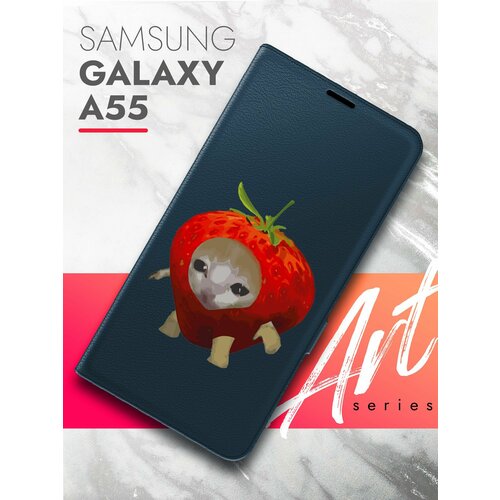 Чехол на Samsung Galaxy A55 (Самсунг Галакси А55) синий книжка эко-кожа подставка отделение для карт магнит Book case, Brozo (принт) Котик в Клубнике чехол на samsung galaxy a55 самсунг галакси а55 синий книжка эко кожа подставка отделение для карт магнит book case brozo принт синий колокольчик