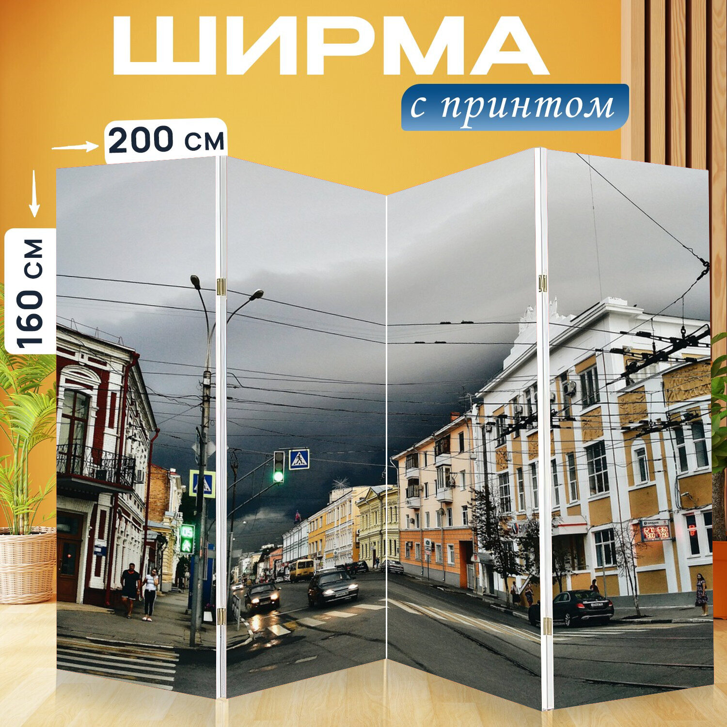 Ширма перегородка с принтом "Самара, гроза, небо" на холсте - 200x160 см. для зонирования, раскладная