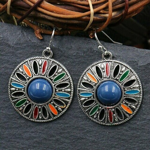 Серьги , синий, серебряный серьги подвески в этническом ретро стиле женские двухцветные висячие ювелирные изделия с жемчугом в винтажном стиле имитация бирюзы
