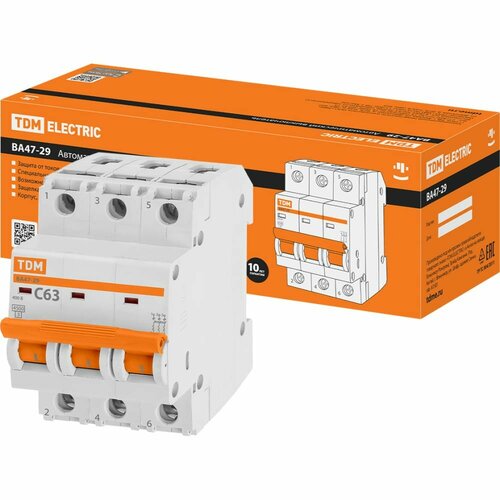 Автоматический выключатель TDM ВА47-29 3Р 63А 4.5кА С SQ0206-0115 автоматический выключатель ва47 29 3р 1а 4 5ка х ка с tdm sq0206 0100 1 шт