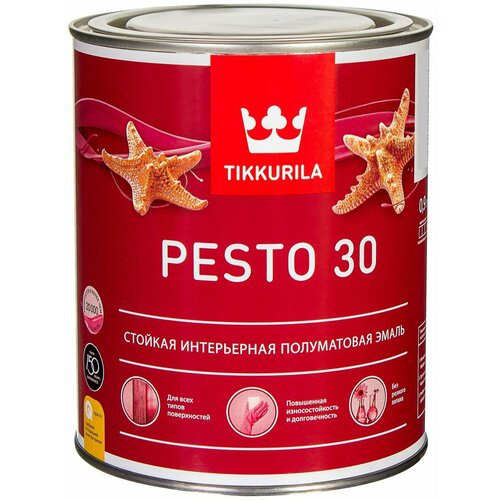 Эмаль Tikkurila Pesto 30 Универсальная, стойкая, Полуматовая, Белая, База А (0.9л)