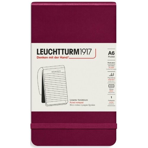 Leuchtturm 364408 Блокнот leuchtturm portrait pocket, a6, 80 г/м2, 184 стр. в линейку, твердая обложка, красный портвейн