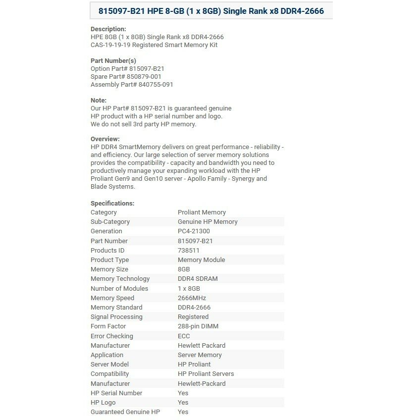 Память DDR4 HPE 8Gb RDIMM ECC Reg PC4-21300 CL19 2666MHz - фото №9
