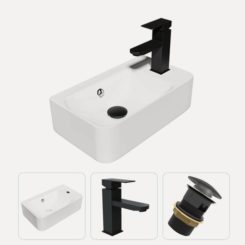 Изображение товара Раковина подвесная для ванной Teymi Hanna 45 правая в комплекте смеситель черный матовый и донный клапан клик-клак с переливом черный F07722