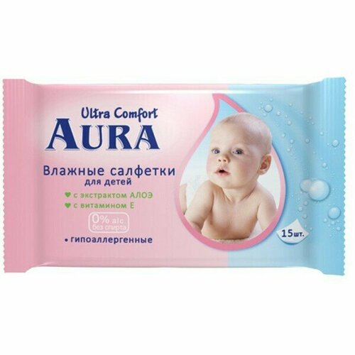 Салфетки влажные AURA Ultra comfort алое и витамин Е 15 шт aura влажные салфетки для детей ultra comfort 0 100 шт aura гигиена