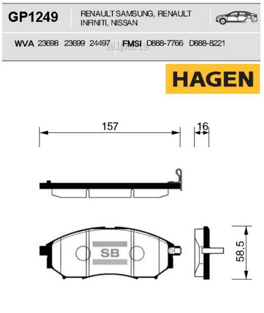 Колодки Торм. Диск. Hagen Renault Samsung Qm5 Sangsin Brake Gp1249