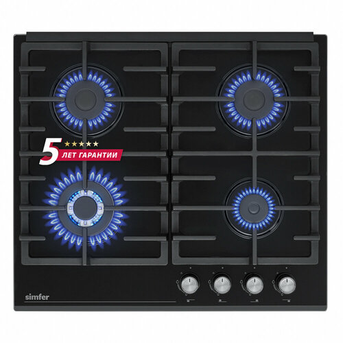 Газовая варочная поверхность Simfer H60H41S570 газ-контроль WOK конфорка чугунные решетки черное стекло 22082₽