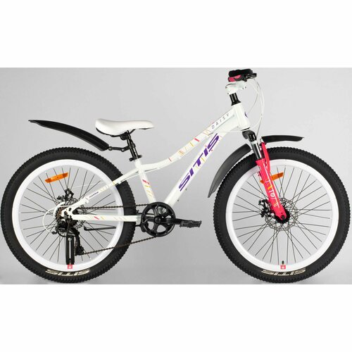 Велосипед SITIS DAISY 24 7sp (2024) White-Pink-Purple, подростковый для девочек, сталь, 7 скорость, дисковые механические тормоза, размер рамы 12, рост 130-145 см