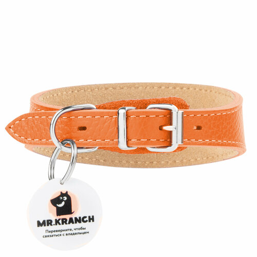 Ошейник для собак Mr.Kranch из натуральной кожи с QR-адресником, 19-23см, оранжевый
