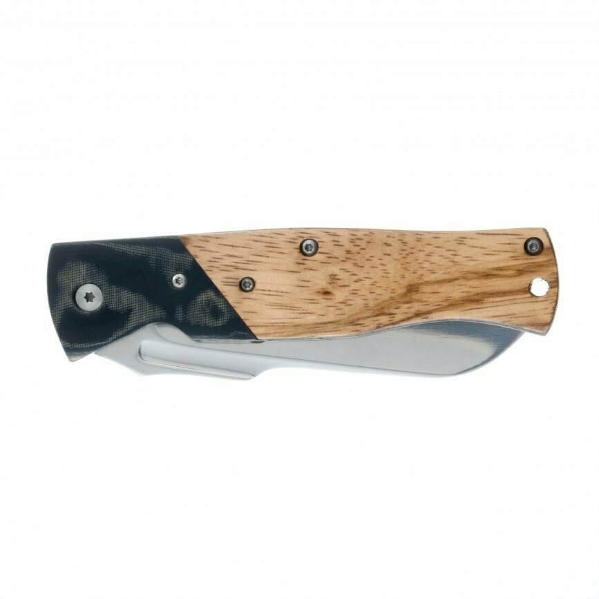 Нож складной STINGER с клипом, клинок 105 мм, коричнево-чёрная рукоять из стеклопластика G10 и древесины зебрано, в нейлоновом чехле FB3020