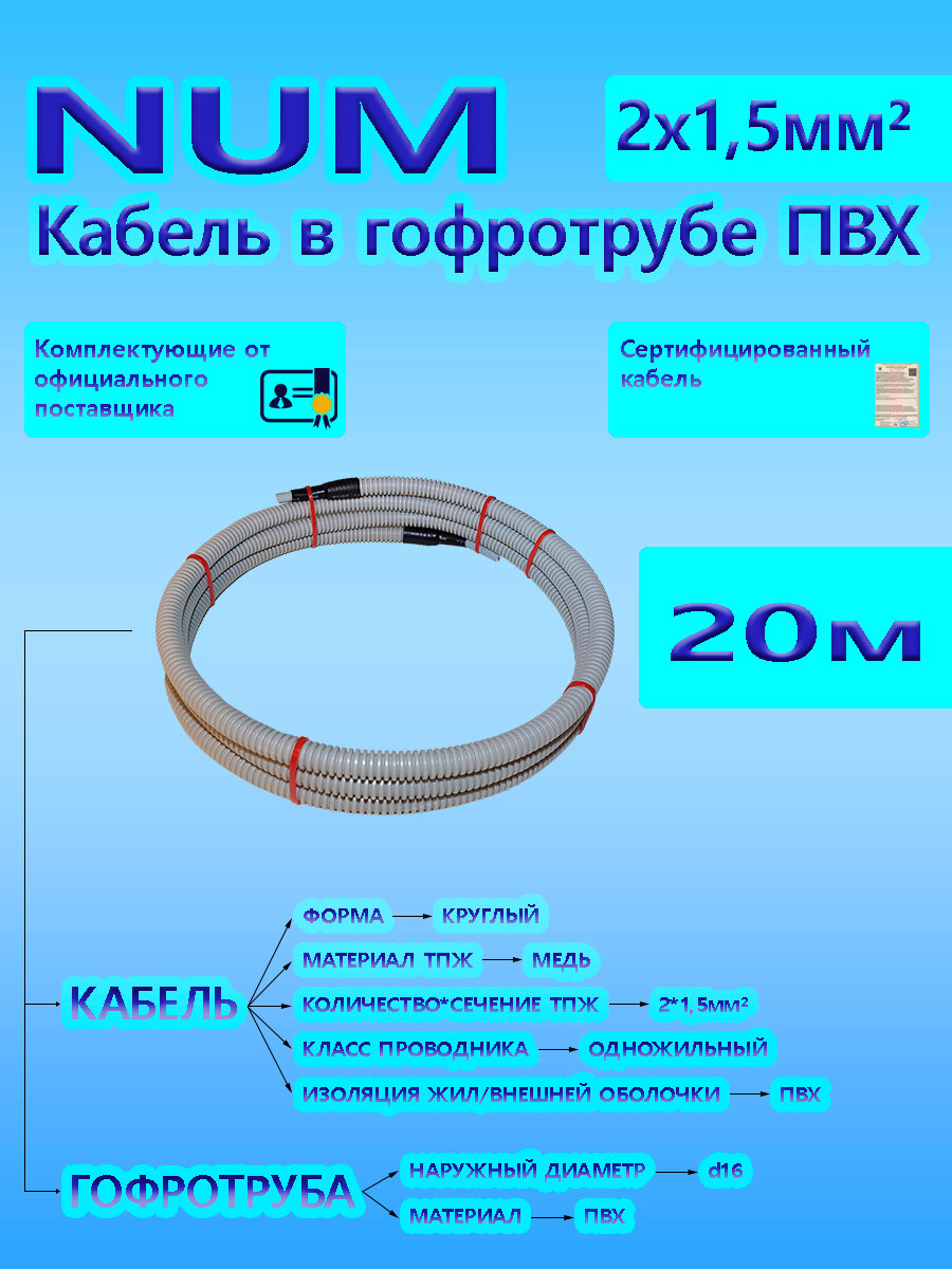 Кабель NUM 2х15 066 кВ ГОСТ в серой гофротрубе ПВХ d16 (20 м) универсальный L-фаза