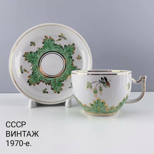 Винтажная чайная пара Зеленый барбарис Фарфор Вербилки СССР 1970-е 2800₽