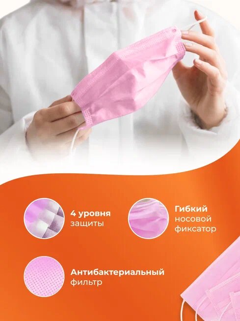 Маска медицинская розовая, упаковка 50 шт, четырехслойная одноразовая