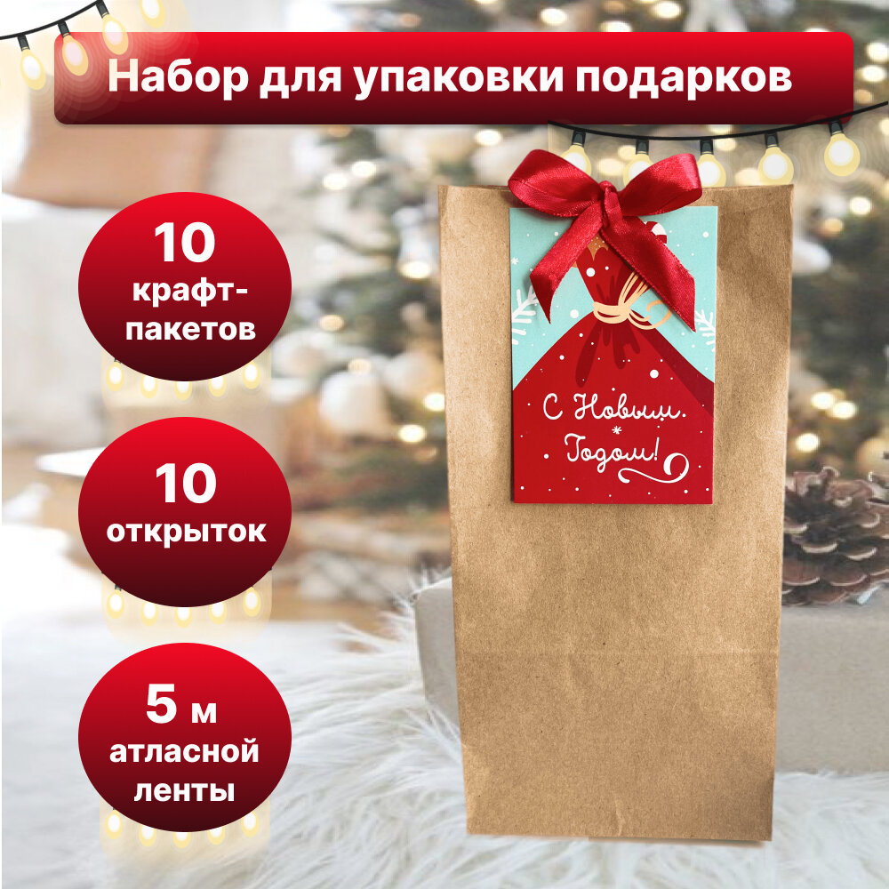 Пакет новогодний подарочный набор 10 шт крафт