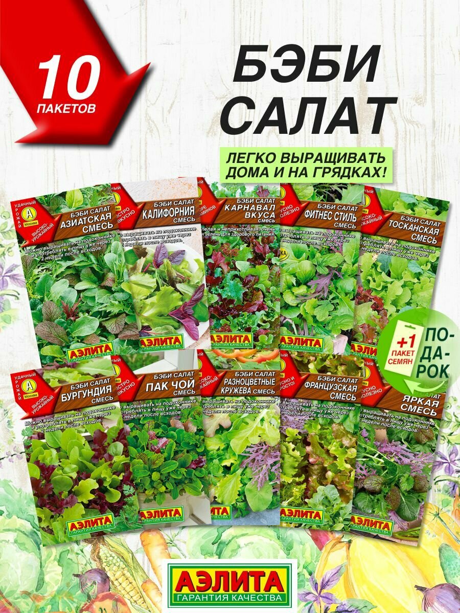 Семена овощей Аэлита Бэби салатов 10 видов / Семена Бэби салата