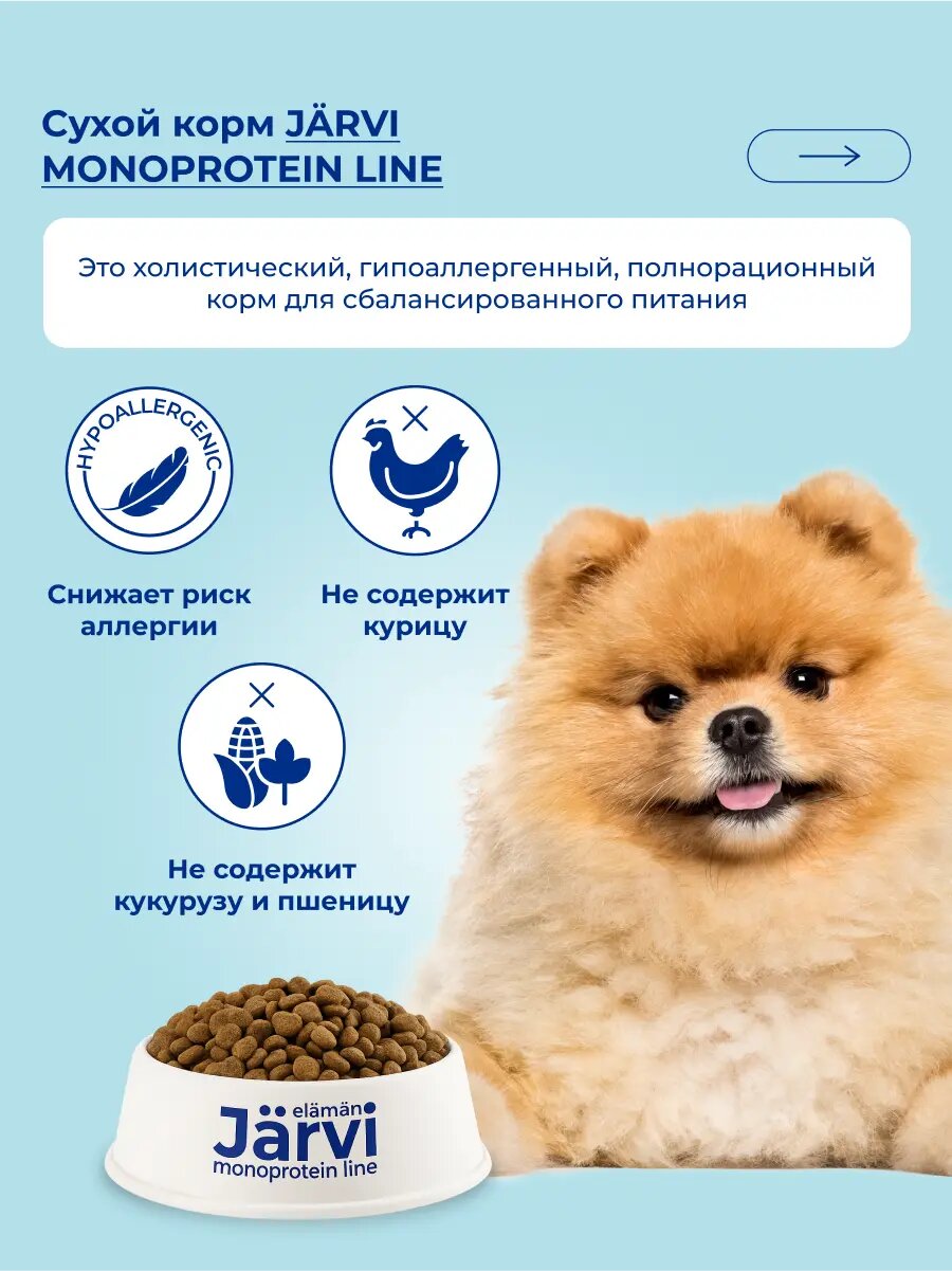 Картинки Сухой корм Jarvi монопротеиновый полнорационный для взрослых собак мелких пород с чувствительным пищеварением, Телятина 800 г