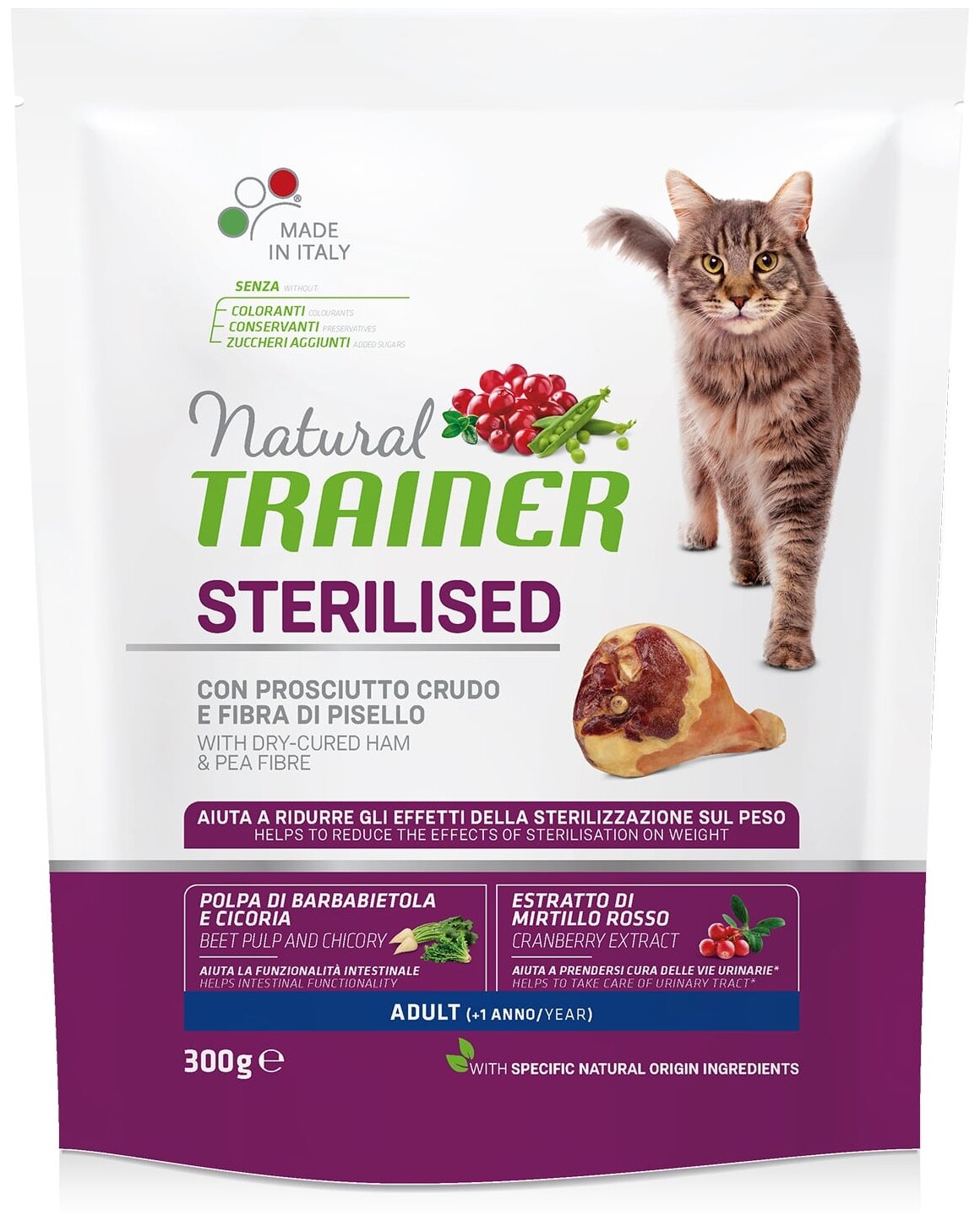 Сухой корм для стерилизованных кошек TRAINER Natural Adult Sterilised с ветчиной, с горошком 300 г