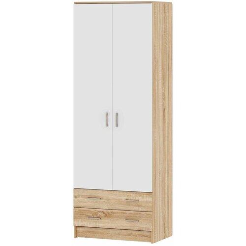 Шкаф Беатрис Дуэт, Дуб Сонома/Белый глянец, ЛДСП, с полками, ящиками, штангой, для спальни, гостиной, 800 х 2200 х 487, памир