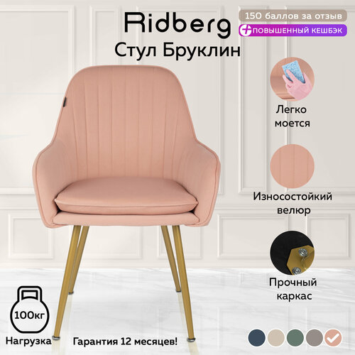 Стул для кухни Ridberg Brooklyn (вельвет, розовый), столовой, гостиной, кабинета, со спинкой, мягкий, 1 шт. / Офисный стул компьютерный