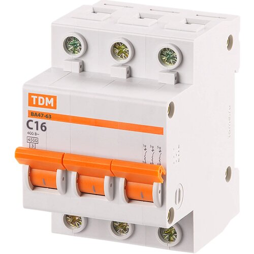 Автоматический выключатель TDM Electric ВА47-63 3P C16 А 4.5 кА SQ0218-0019 tdm автоматический выключатель ва47 100 2р 50а sq0207 0019