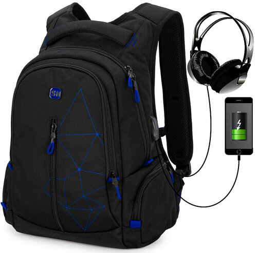 Рюкзак школьный с анатомической спинкой SkyName 90-135 черно-синий для подростка и USB-слотом