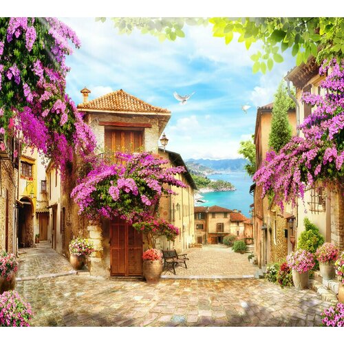 Моющиеся виниловые фотообои GrandPiK Итальянские домики в цветах и море, 300х270 см фотообои с коллекция италия в цветах 300х270 см