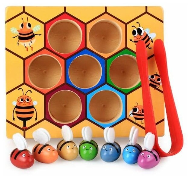 Развивающая игрушка BeeZee Toys Пчелки и Улей с пинцетом, бежевый
