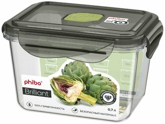 Phibo Контейнер Brilliant прямоугольный 0.7л, 9x14 см, черный/бесцветный